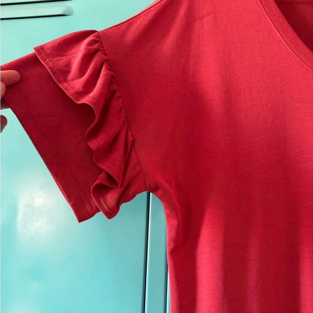 Red V-Neck Ruffle Sleeve Top - Picture 2 of 3